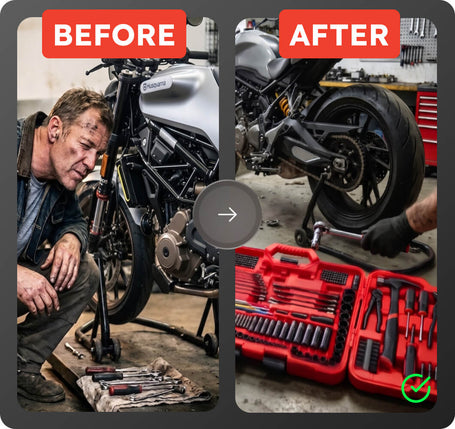 Before and after working with professional 306 piece mechanics tool set