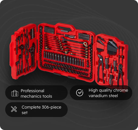 Red tool set with 306 pieces on a black background