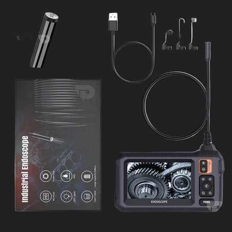 Industrial endoscope camera package including an 8mm probe, USB and Type-C cables, additional accessories, and a durable carrying case, ideal for professional inspections. 