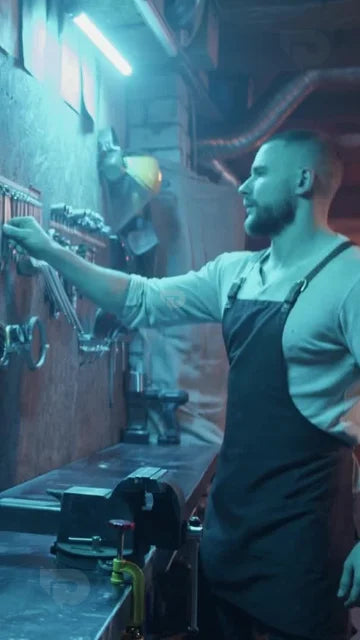Workshop scene showing man in apron reaching for tools on wall-mounted board under blue industrial lighting.