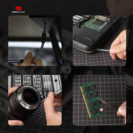 A precision screwdriver being used for various repair tasks, including laptop disassembly, lens maintenance, and electronic component adjustments.
