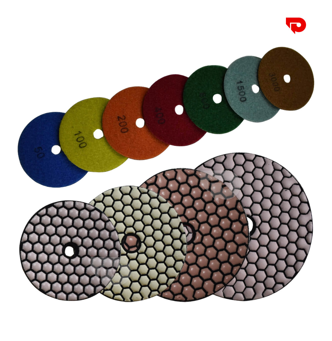 Set of diamond polishing pads with color-coded grit levels on a white background