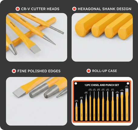 12-piece chisel and punch set with features highlighted on a black background