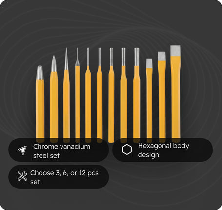 Set of yellow metal tools with hexagonal bodies on a dark background