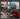 A 2x2 promotional collage showing four polishing tasks: glass polishing, tile polishing, wood polishing, and metal polishing. Each panel includes a person's hand or gloved hand using a red rectangular block for one of the tasks, with white text labels at the top of each quadrant on a dark gray background.