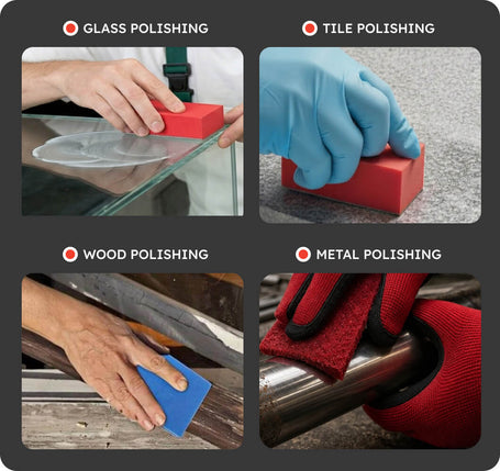 A 2x2 promotional collage showing four polishing tasks: glass polishing, tile polishing, wood polishing, and metal polishing. Each panel includes a person's hand or gloved hand using a red rectangular block for one of the tasks, with white text labels at the top of each quadrant on a dark gray background.