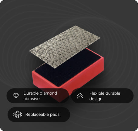 A red jewelry box with a textured gray abrasive pad resting on top, shown on a dark gray background with feature callouts reading 'Durable diamond abrasive', 'Flexible durable design', and 'Replaceable pads'.