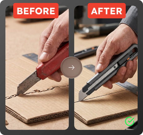 Before and after comparison of using a red utility knife and a gray multi-tool knife on cardboard.