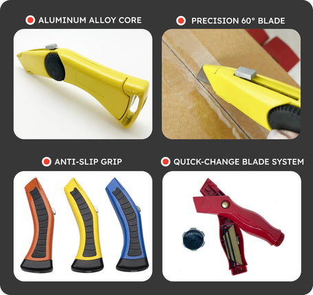 Product features of a utility knife with aluminum alloy core, precision blade, anti-slip grip, and quick-change blade system.
