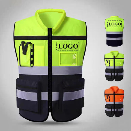 Yellow safety vest with reflective stripes and multiple views on a gray background