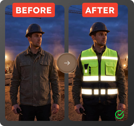 Before and after comparison of a man wearing a hard hat and jacket versus a high-visibility vest with reflective stripes.