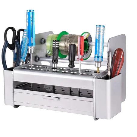 Tool organizer with various tools, including screwdrivers and scissors, on a white background.