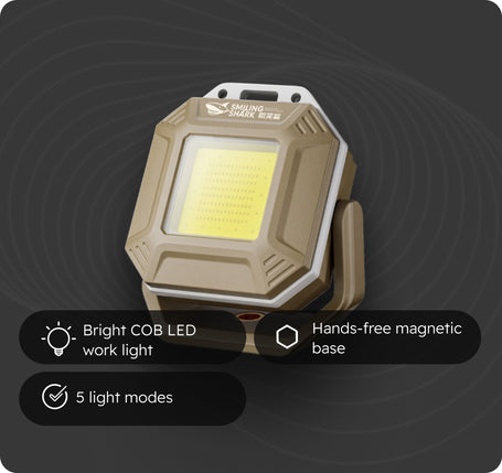 Work light with COB LED, hands-free magnetic base, and 5 light modes on a dark background