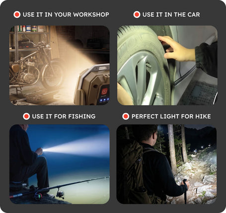 Collage of scenarios showing the use of a device in various settings including workshop, car, fishing, and hiking.