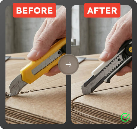Before and after comparison of a person using a yellow and black knife to cut cardboard.