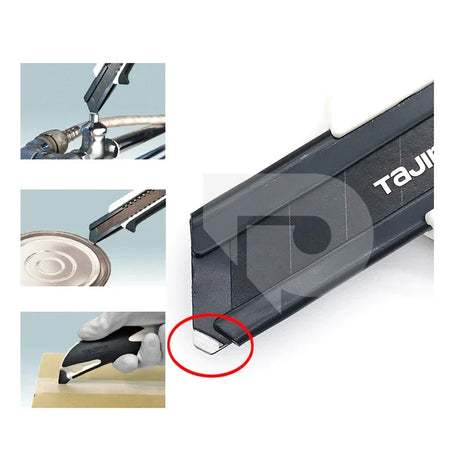 Black utility knife with a red circle highlighting a feature, surrounded by close-up images of its use.