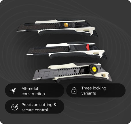 Set of four utility knives with different colored blades on a dark background