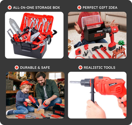 Children's tool set with tools and drill, suitable as a gift, on a dark background.
