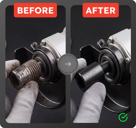 A before-and-after comparison graphic showing a gloved hand using a black S/S-A1 - M8 hex wrench on a metal threaded component. The left side is labeled 'BEFORE' and shows a worn, dirty threaded part.