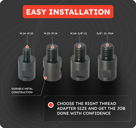 Four dark metal thread adapter collars shown on a dark background with red and white text reading 'EASY INSTALLATION' and size labels M 14-M 10, M 10-M 14, M 14-5/8"-11, and M 5/8"-11-M 14.
