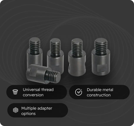 Four dark metallic threaded adapter collars arranged on a dark gray background, with three black feature callouts reading 'Universal thread conversion,' 'Durable metal construction,' and 'Multiple adapter options.'.