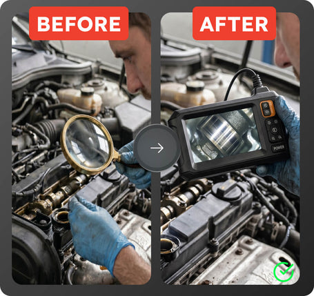 Before and after comparison of a mechanic using a magnifying glass and a camera to inspect a car engine.