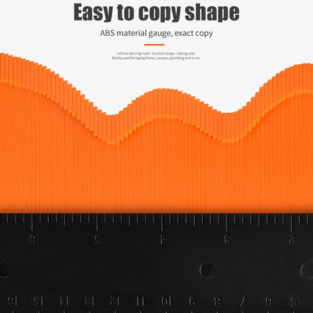 Orange wavy material gauge with ruler for size measurement on a white background