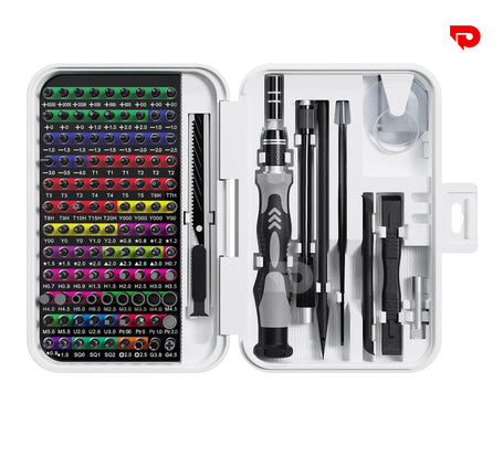 Screwdriver set 132-in-1 with various bits in a white case on a white background