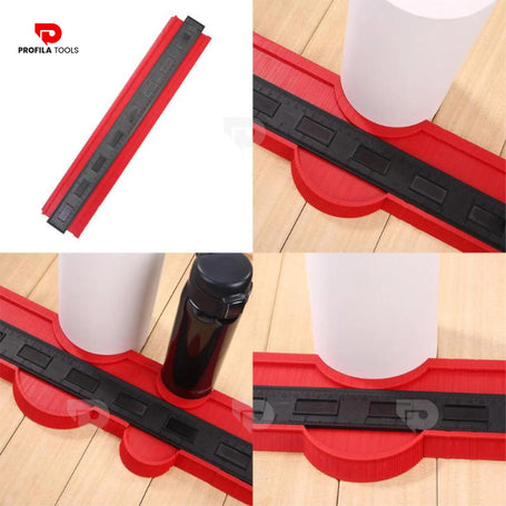 Red contour gauge tool for duplicating large shapes with precision on wood, tile, and flooring edges.