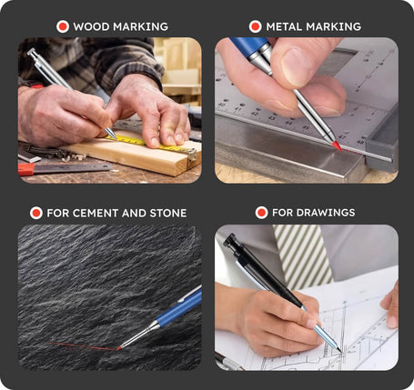 Collage of a marking pen being used on wood, metal, cement, and for drawings.
