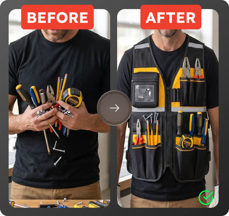 Before and after comparison of a person holding tools and wearing a tool apron.