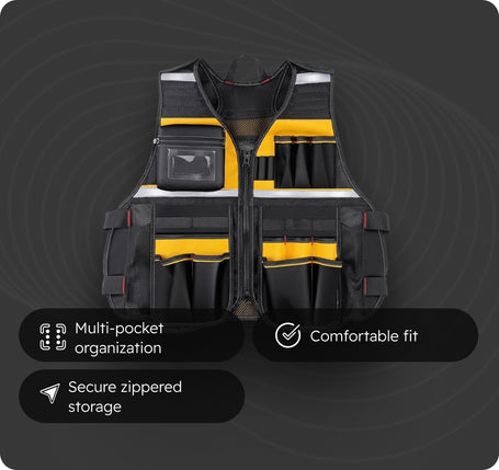 Black and yellow tool vest with multiple pockets on a dark background
