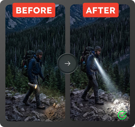 Before and after comparison of a person hiking with a flashlight in a forest setting.
