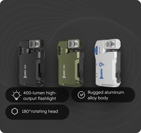 Three flashlights in black, green, and white on a dark background with feature text.