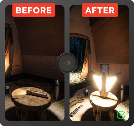 Before and after comparison of a camping scene with improved lighting inside a tent.