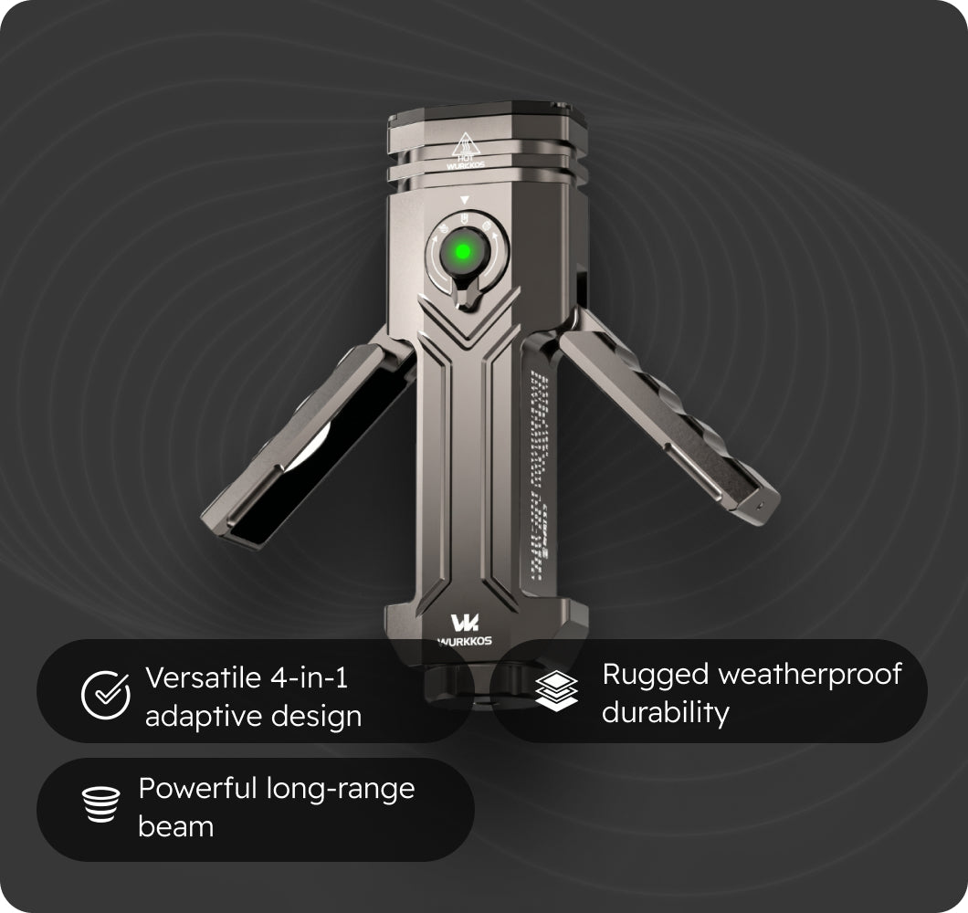 wurkkos led camping tool with green light on a dark background