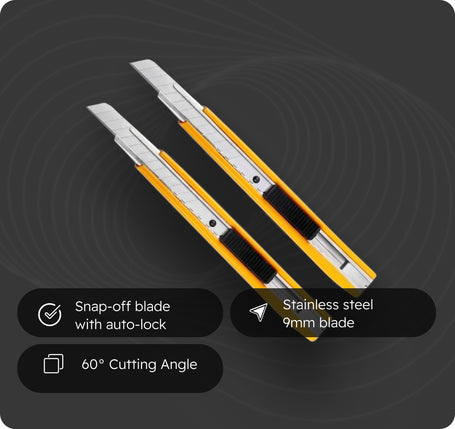 Two utility knives with features highlighted on a dark background